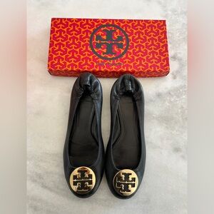 Tory Burch Black Flats with Gold Emblem